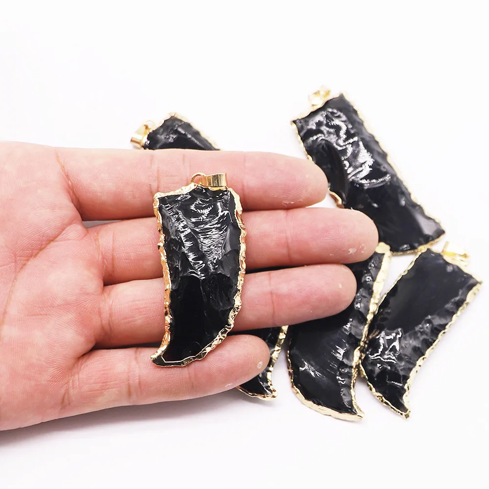 Natural Obsidian Arrow Rough Stone Pendant Necklace Mineral Healing Golden Side Glamour Charm DIY Fashion Jewelry Wholesale 2Pcs