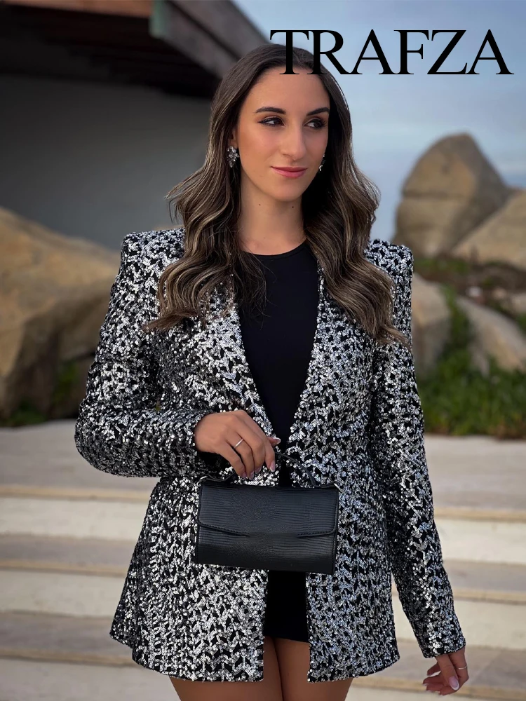 

TRAFZA Spring Retro Long Sleeve V Neck Women's Thin Cardigan Jacket Chic Top Women's Fashion Shiny Sequin Slim Fit Blazer Y2K