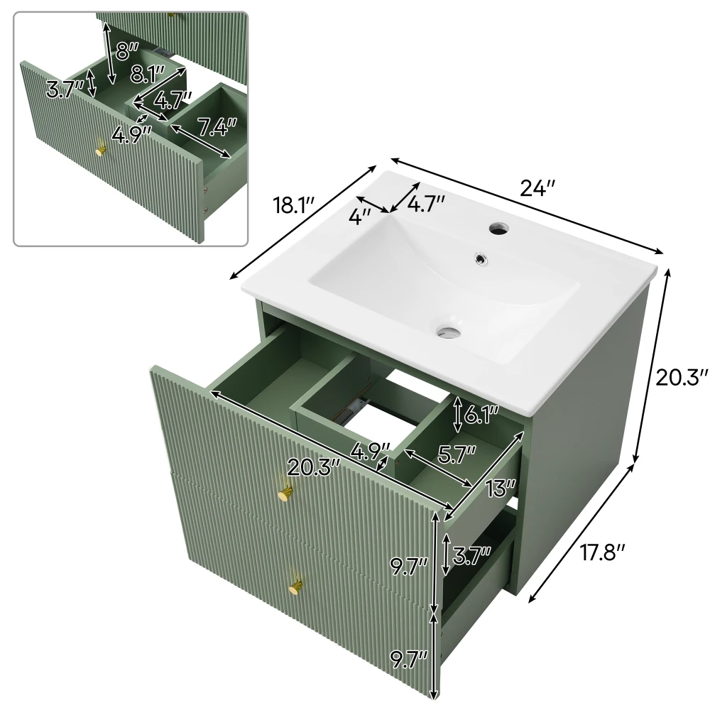 24 Inch Wall Mounted Bathroom Vanity with 2 Drawers - Ideal for Small Bathrooms，Single Sink Bathroom Vanity，Lava Manos De Baño 6