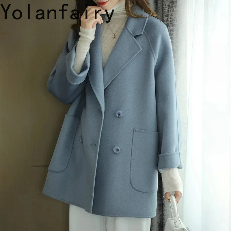 

Elegant 100% Wool Jacket for Women Korean Style Double-sided Woolen Coat Suit Collar Double-breasted Abrigo Mujer Invierno 2024