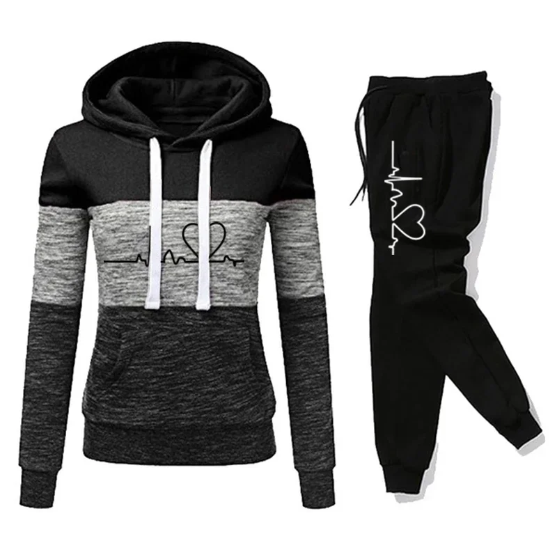 Women Tracksuit Printing Hooded Sweatshirt Sweatpant Color Block Versatile Casual Jogging Pullovers Sport Trousers Outfits S-3XL 4