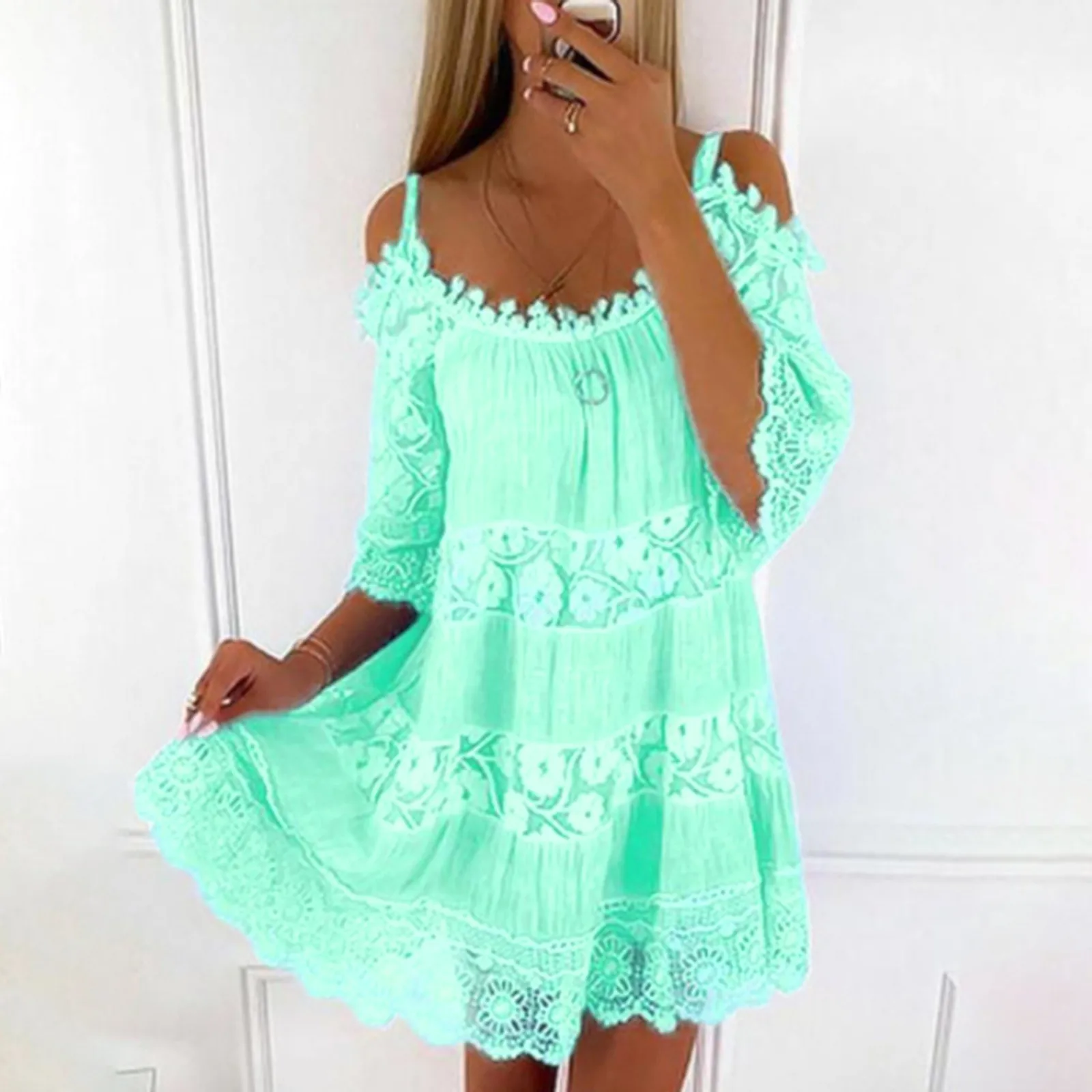 

Новое летнее женское платье с открытыми плечами, кружевные подтяжки, однотонные Свободные повседневные платья с V-образным вырезом для женщин