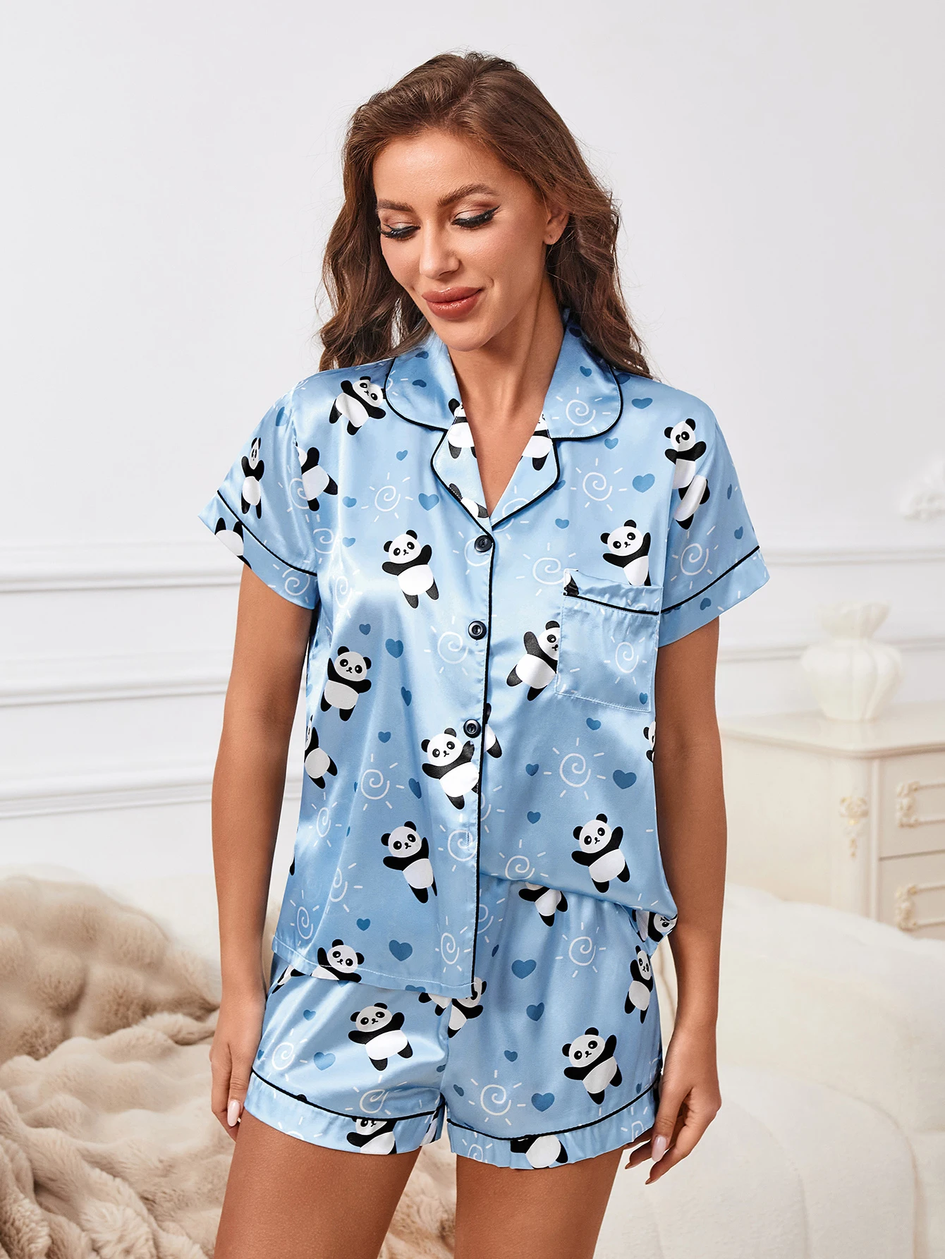 Panda Heart Print Short Sleeve Shorts Pajama Set Contrast Color Piping Lapel Collar Button-up Comfortable Leisure Sleepwear