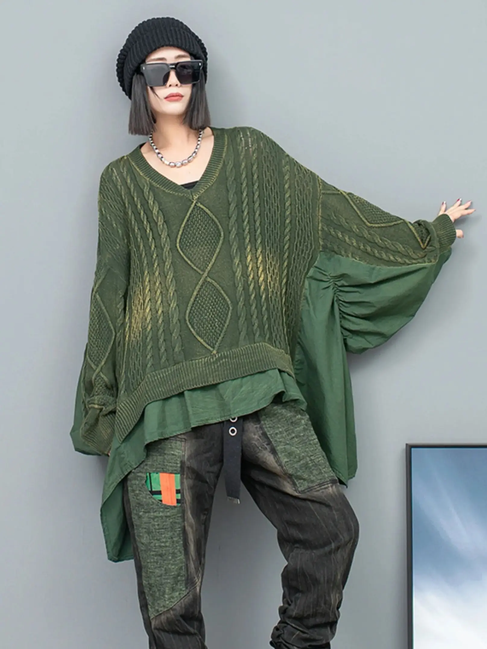 Personalità Distressed Twist Weave Stitching Ruffles Oversize Maniche A Pipistrello Larghe Con Scollo A V Pullover In Maglia Solid Top Primavera Da Do