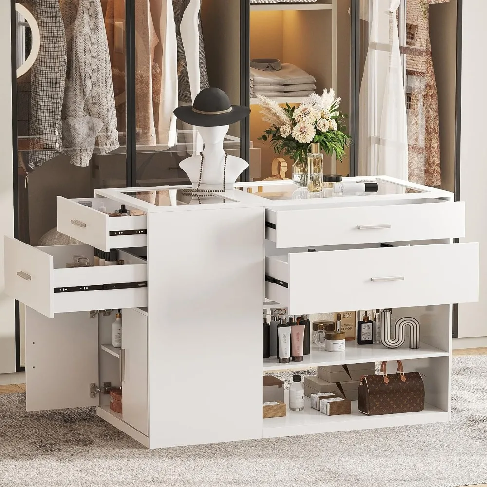 Bedroom Closet Island with Glass Top, White Wardrobe Closet Island with 6 Drawers, Island Dresser with Display Shelf & Storage 4