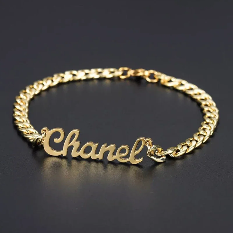 Classical Personalized Custom Name Bracelet Stainless Steel Handmade Cuban Gold Chain Logo Engraved Name Bracelet Women Jewelry