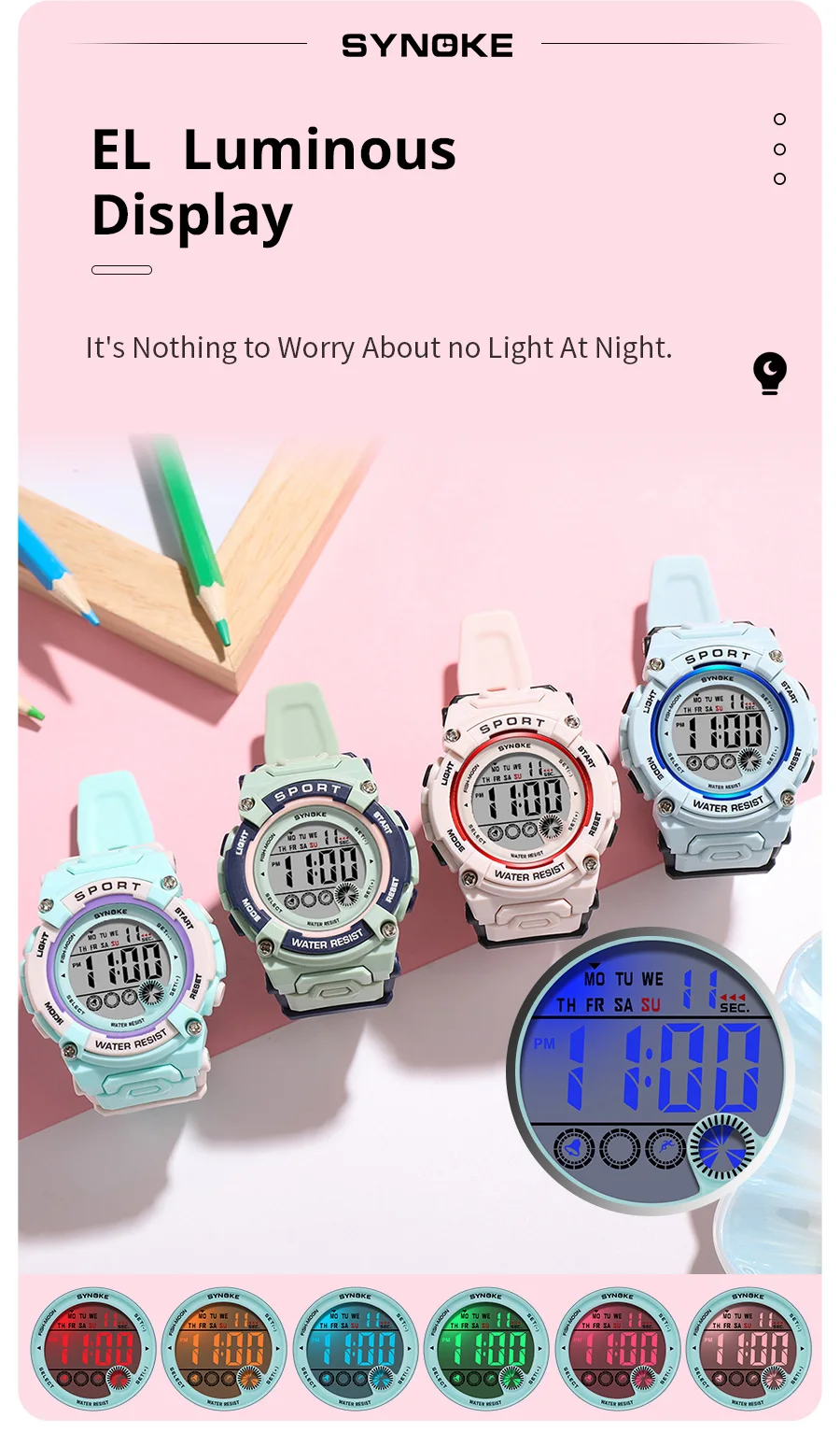 SYNOKE Student Electronic Watch Unisex Sport Watch Multifunction Military Sports Waterproof Luminous LED Digital Kids Big Dial