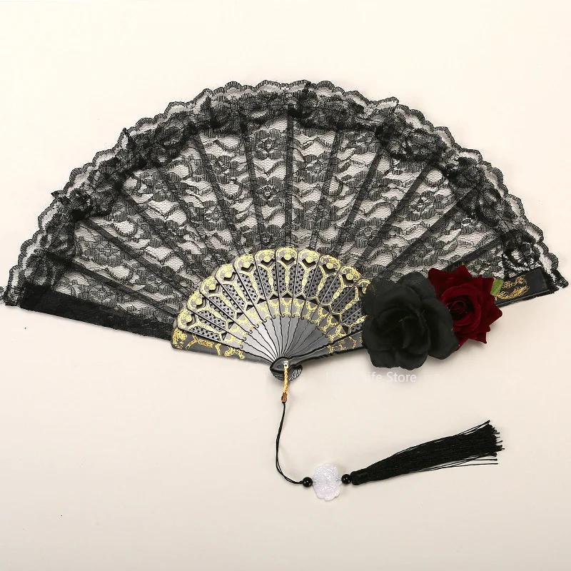Lolita Gothic Fan Victorian Female Lace Hand Fan Vintage Black White Red Rose Bamboo Fans Cosplay Halloween Party Supplies