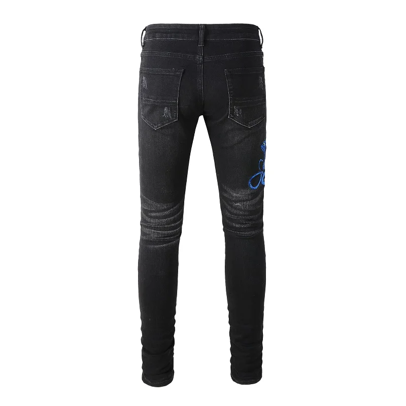 NEw Men's Embroidered Blue Snake Patchwork High Street Distressed Slim Fit Stretch Holes Patches Ripped Washed Black Jeans 3