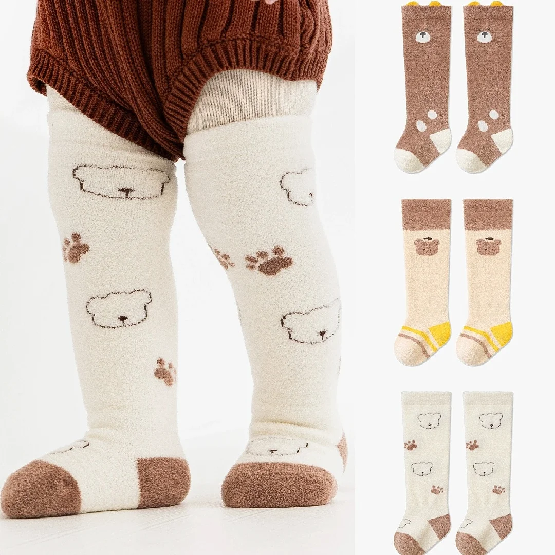 3 Pairs Winter Newborn Baby Long Socks Set Fleece Lined Thickened Warm Cartoon Socks Loose Cuff Seamless No Bone Socks