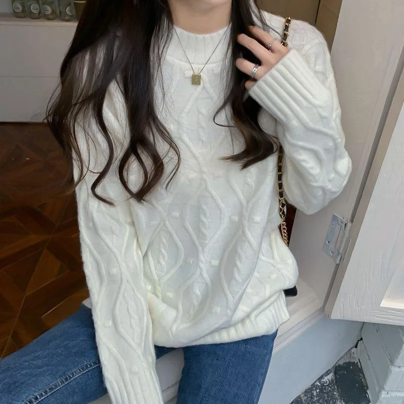 

Pullover Sweater Women's Autumn and Winter Classic Korean Fried Dough Twists Pattern Slouchy Backing Knit