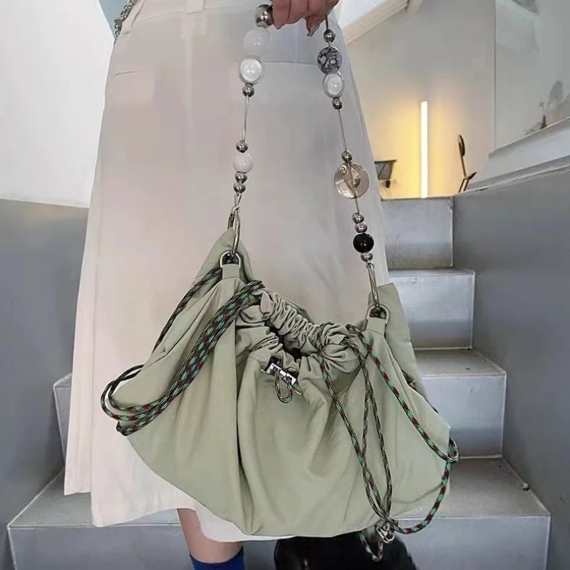 Women Fashion Nylon Beading Chain Drawstring Backpack Korean Trendy Shoulder Bag Y2k Summer Travel Backpacks Light School Bags