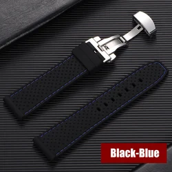 Deluxe Waterproof Silicone Watch Band with Butterfly Buckle - Soft, Breathable Strap Replacement - Black Buckle (Black - Blue)
