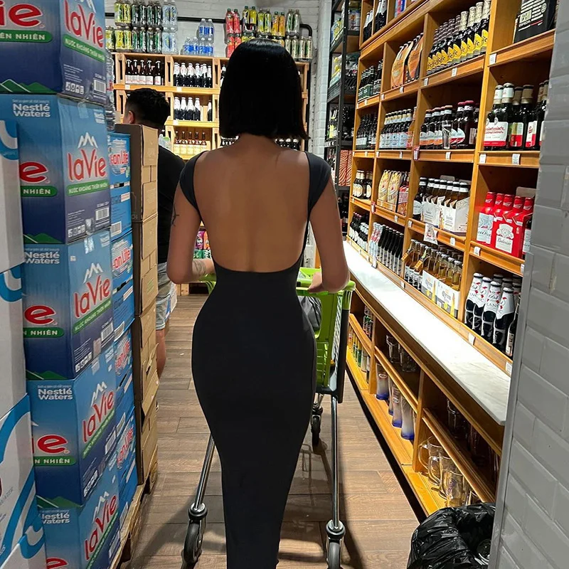 Hot Backless Black Dress - Sleeveless Patchwork High Waist Solid Long Dress
