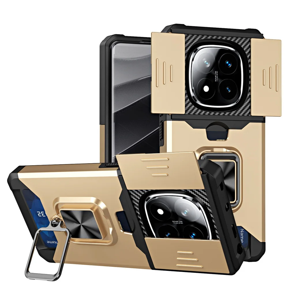 Card Slot Finger Ring Camera Protect Case with Armor Hybrid Bracket Holder Cover
