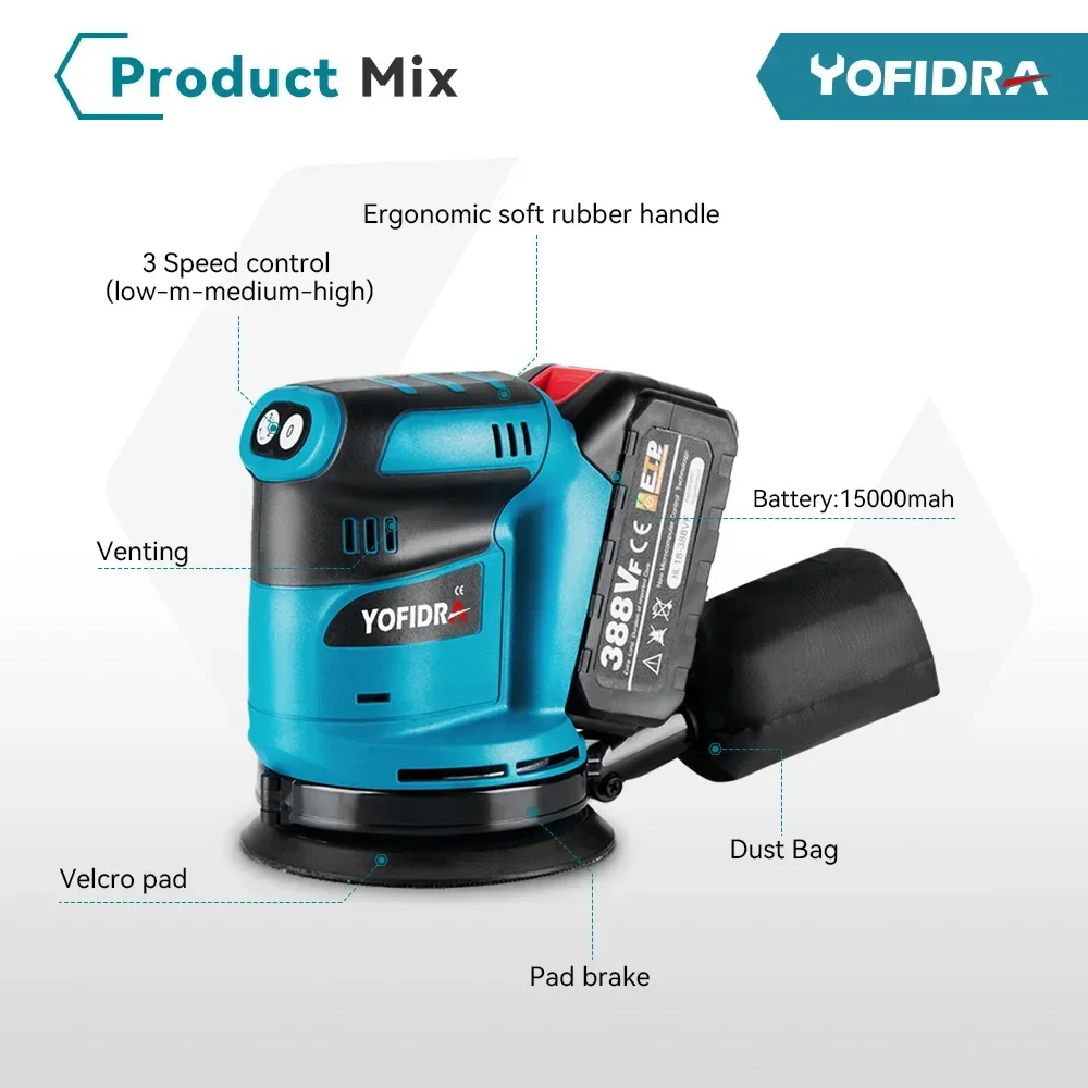 5 Inch Electric Sander Polisher 3Gears Cordless Handheld Rechargeable Orbital Wood Metal Polishing Machine For Makita 18VBattery 3