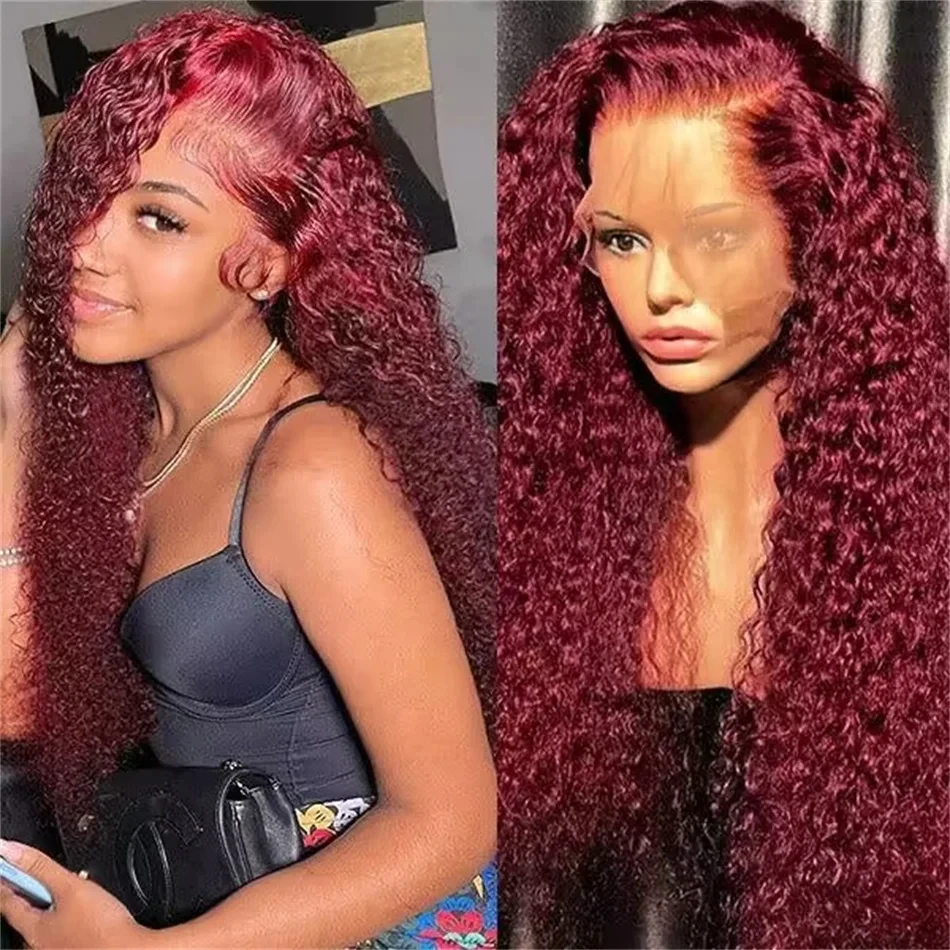 Burgundy Long Curly Red Hair Wig Kinky Curly Wigs 100% Human Hair