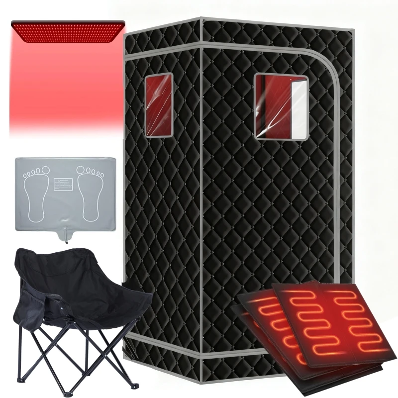 ซาวน่าอินฟราเรดแบบพกพาสำหรับใช้ในบ้าน สปาส่วนตัวพร้อมรีโมทคอนโทรล แผ่นทำความร้อนสำหรับเท้าพร้อมแสงสีแดง เก้าอี้พับเสริมความแข็งแรง 1