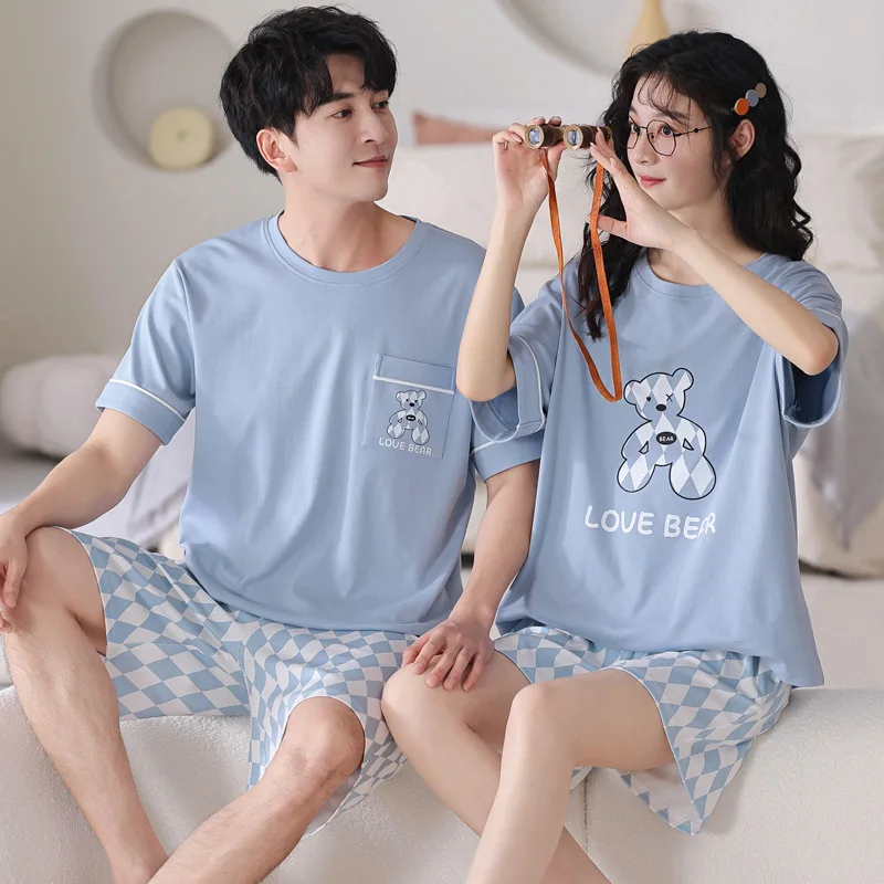 Men's Cotton Pajamas Set Summer Couples Home Clothing Women's Cartoon Sweet Cute Nightwear Plus Size M-3XL Loungewear Mujer Homb