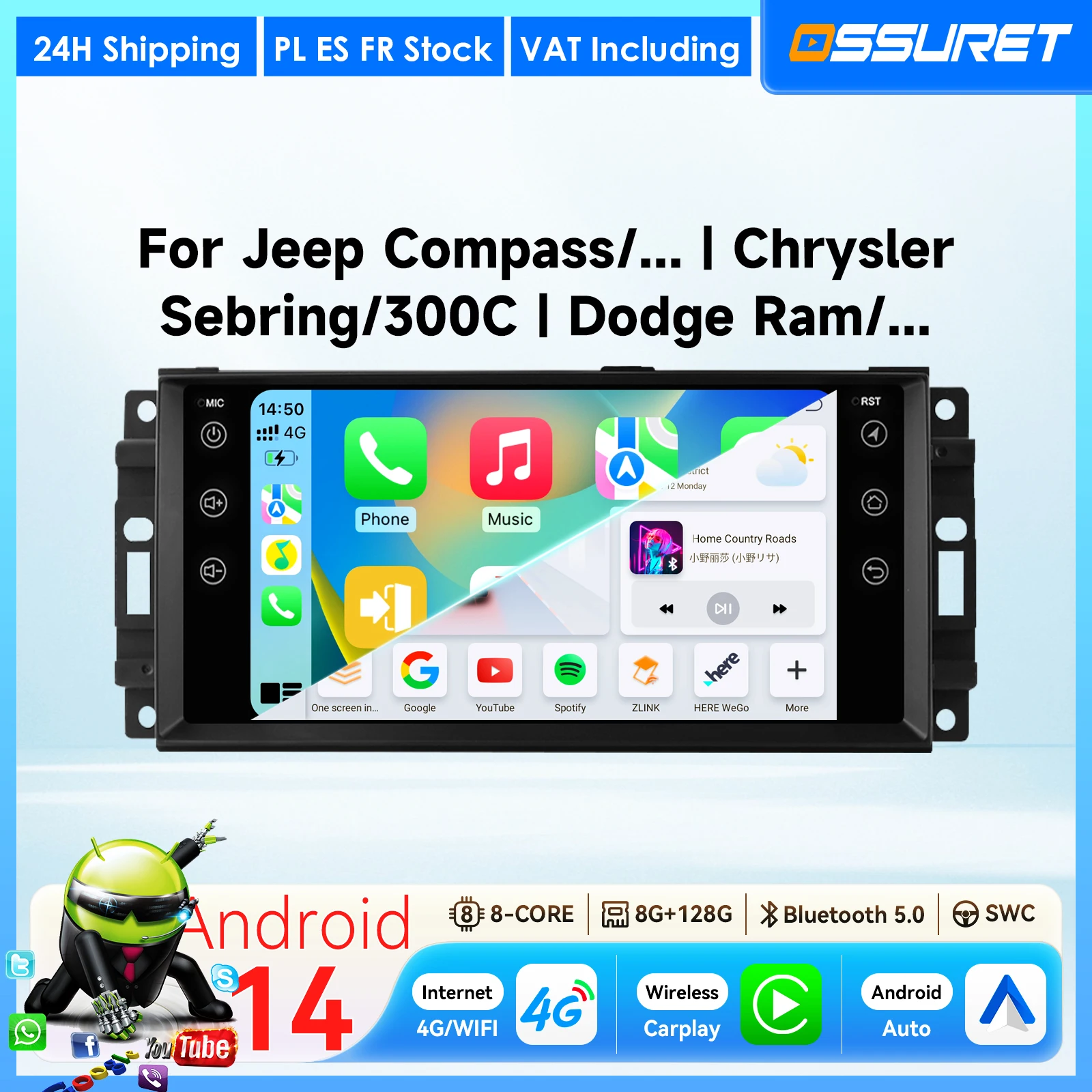 Radio de coche inalámbrico de 7 pulgadas con Carplay y Android Auto para JEEP COMPASS, PATRIOT, GRAND CHEROKEE, WRANGLER, DODGE JOURNEY, CHRYSLER 300C, GPS y audio. 1