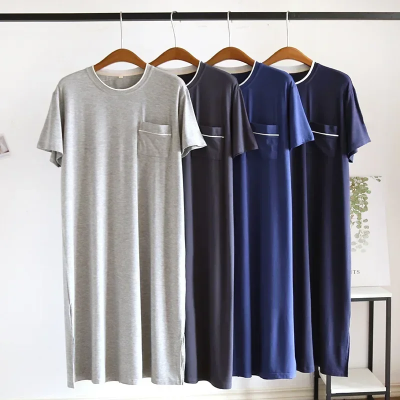 Men's Modal Nightgown with Pocket One Piece Short Sleeved Medium Length Nightgown Large and Thin Home Bath Nighty Dress mens pajamas mens nightdress