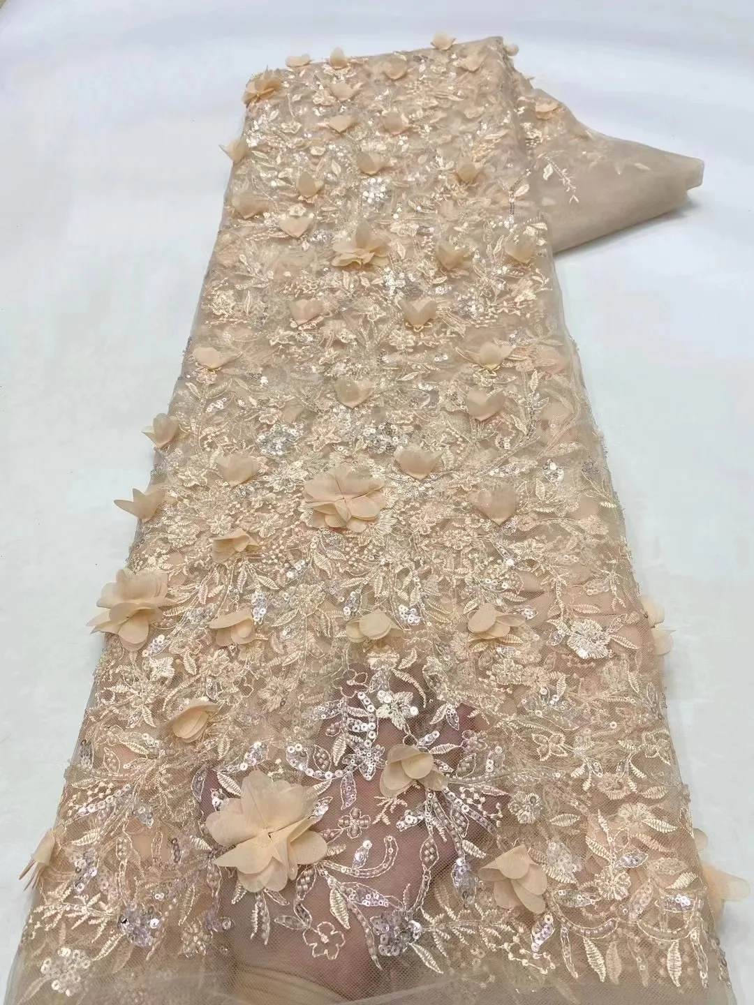 

African 3D Flowers Fabric 5 Yards 2024 High Quality Glue Sequins Embroidered French Nigerian Lace Fabric For Wedding