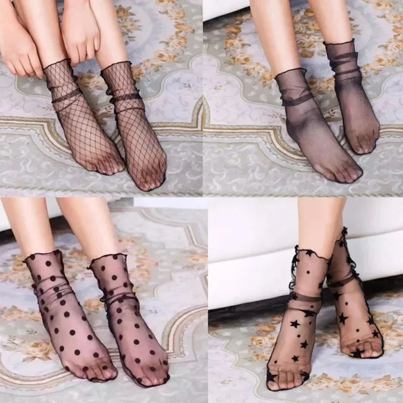 Summer Ultrathin Boat Socks Transparent Tulle Mesh Fashion Casual Hosiery Women Sexy Hosiery No Elasticity Black Lace Socks