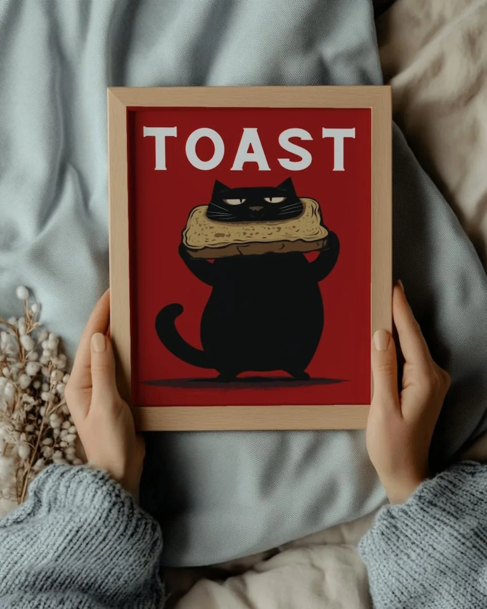 Charming Black Cat Digital Wall Art Print - Playful Kitten Illustration Canvas Poster