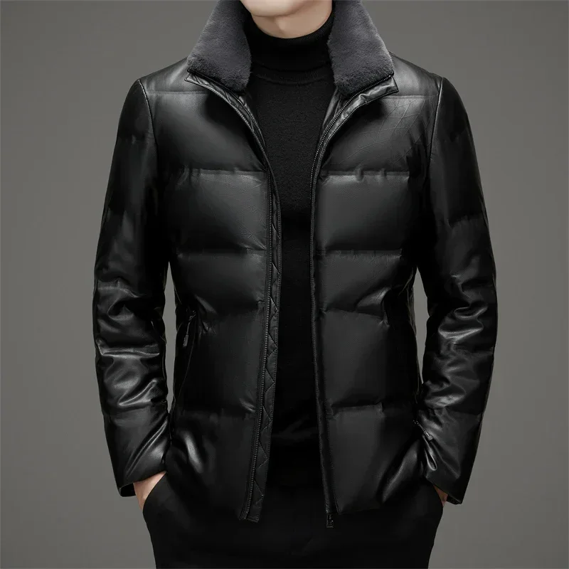 

Leather Winter Down Jacket Short Detachable Lamb Fur Collar White Duck Thickened Stand for man