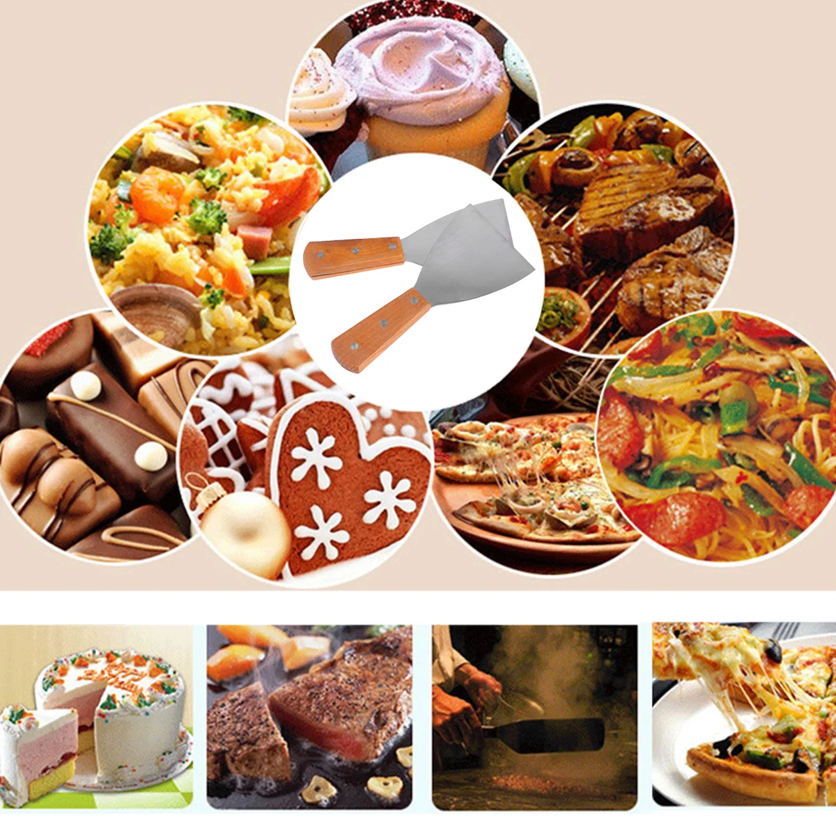 

2 PCS Stainless Steel Triangular Steak Portable Household Small Skewer Scraper Spatula Paint Wooden
