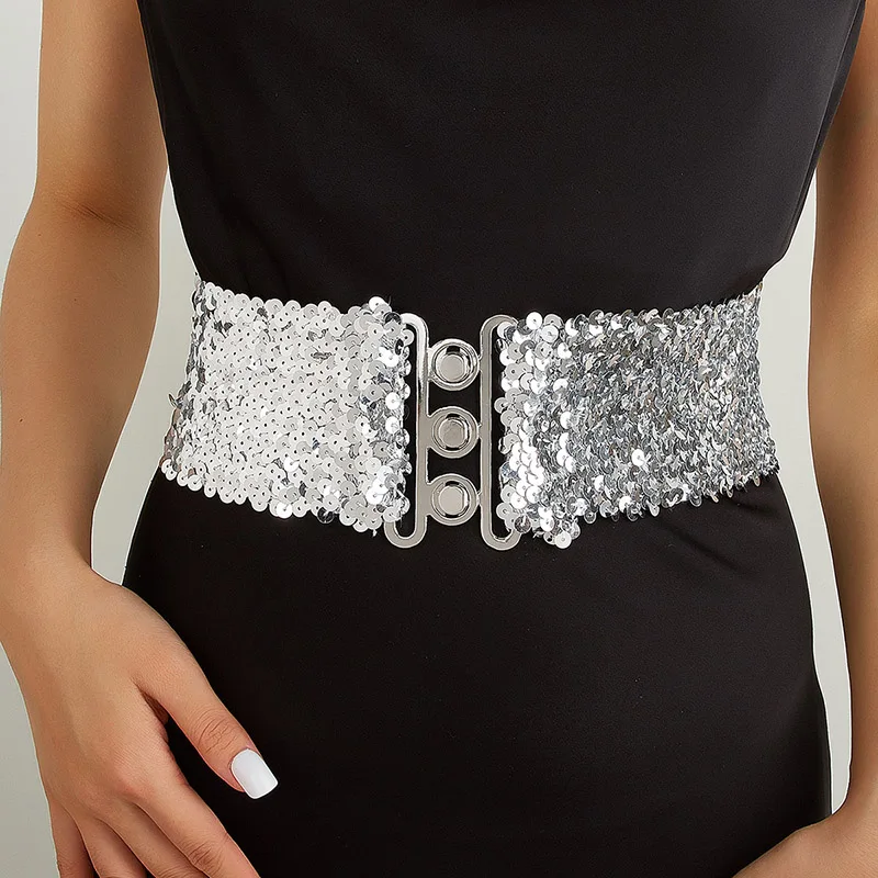 

Party Silver Fish Scales Buckle Wide Waist Belt
