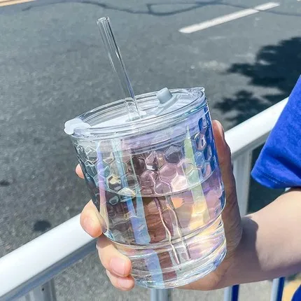 350ml Simple Stripe Coffee Glass Cup With Lid and Straw Transparent Bubble Tea Cup Household Ice Cream Yogurt Milk Juice Mug