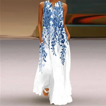 Summer Women's Artistic Retro Sleeveless V-neck Pullover Print Sexy Dress Long Skirt Women's Loose Waist Oversized Swing Skirt 1