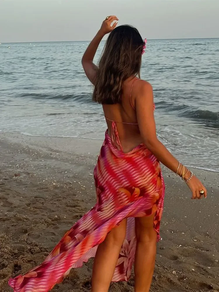 Chic Flower Printed V Neck Beach Dress For Women Fashion Sleeveless Backless Ruffles Midi Dresses 2025 Summer Lady Holiday Robes 2