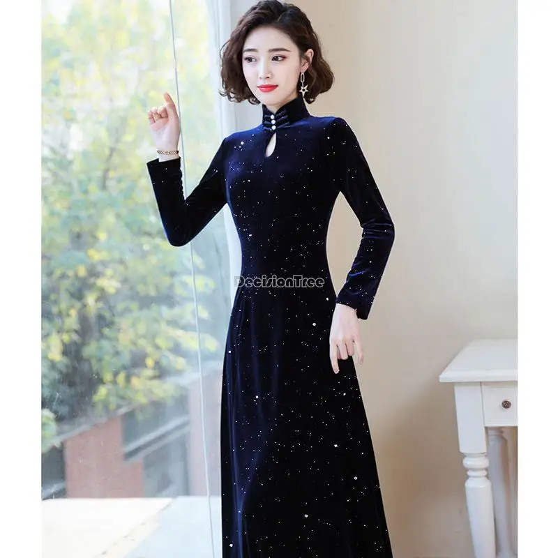 

2023 chinese golden velvet improved cheongsam dress new long sleeve qipao dress sequin flash velvet thickened cheongsam s754