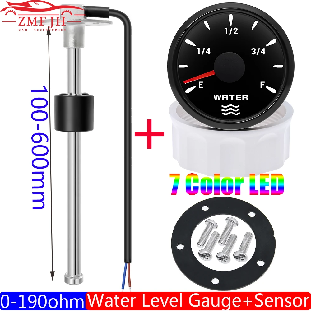 7 Color Backlight 52mm Water Level Gauge 0-190 Ohm Water Level Sensor Waterproof Water Tank Meter Indicator for Boat Car 12V 24V