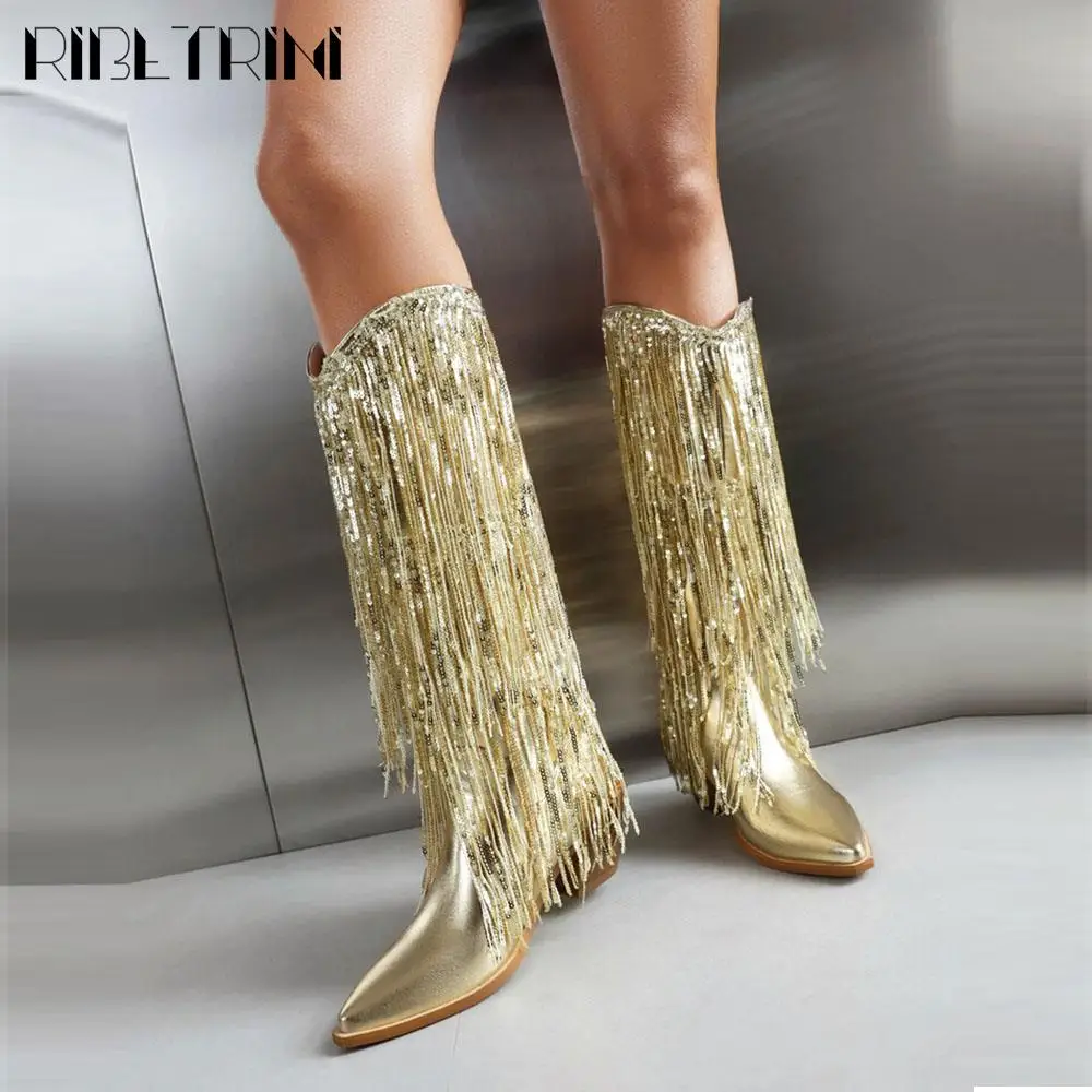 Glitter Shiny Fringe Women Western Boots Slip On Mid Calf Chunky Block Heels Shoes Sexy Elegant Party Nightclub Stivali Di Lusso