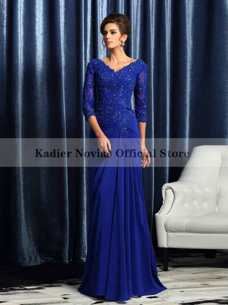 Floor length Mermaid Royal Blue Mother of the Bride Dresses 2024 with 3/4 Sleeves Vestido Longo Festa De Casamento