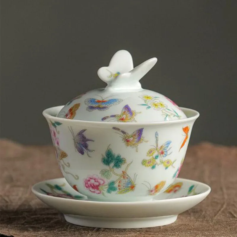 Glazed Enamel Butterfly Lid Sancai Gaiwan Tea Tureen Kungfu Tea Cup Infuser Bowl Set Kitchen Teaware