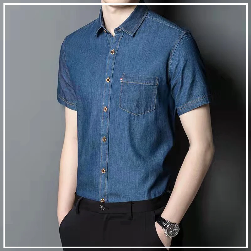 Summer Korean Version Simple Solid Color Fashionable Flip Collar Slim Fit Versatile Retro British Style Denim Shirt for Men