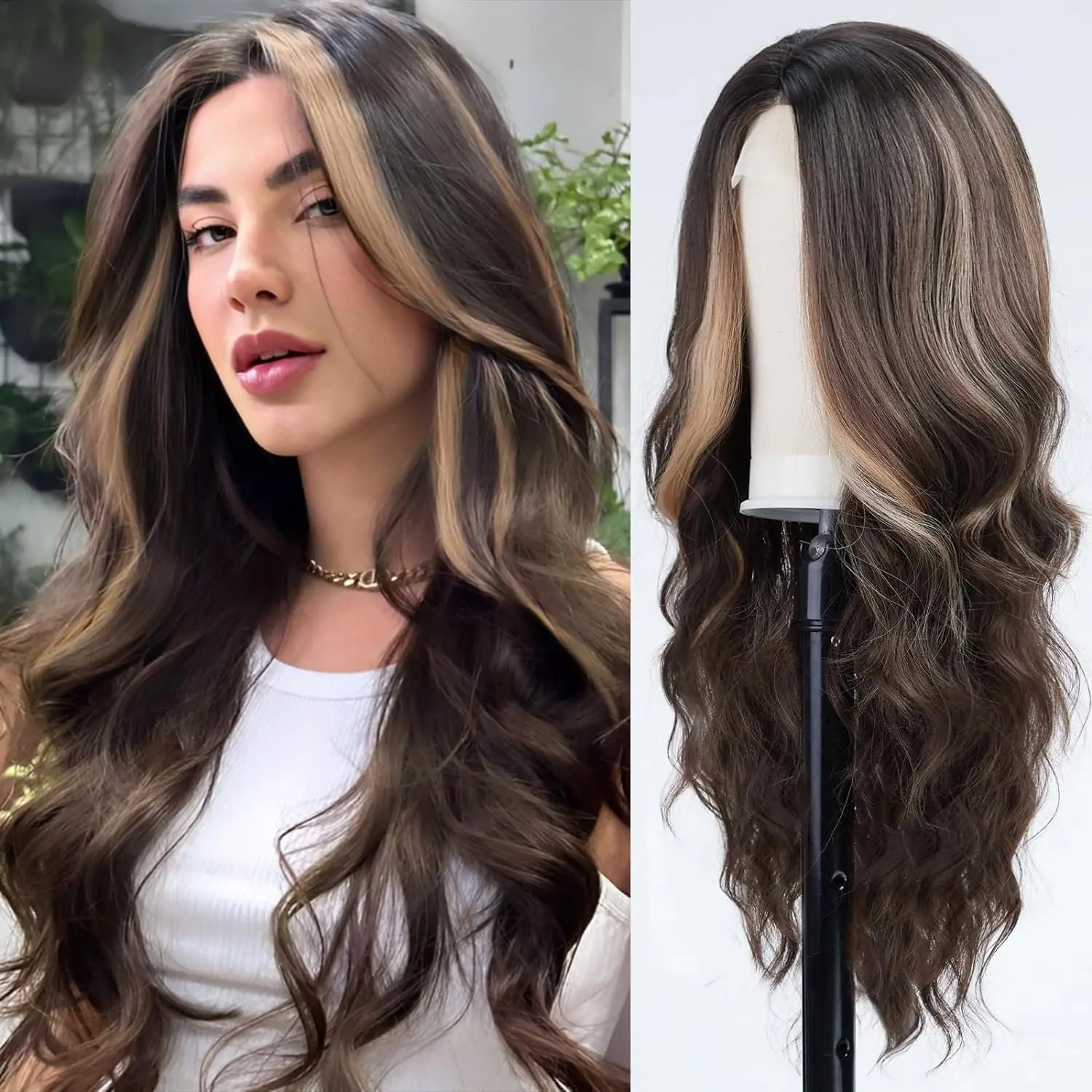 

Длинный Темно-коричневый с светлыми волнистыми волосами для женщин, парик на шнуровке спереди, естественный вид, срединный кудрявый парик для ежедневного использования