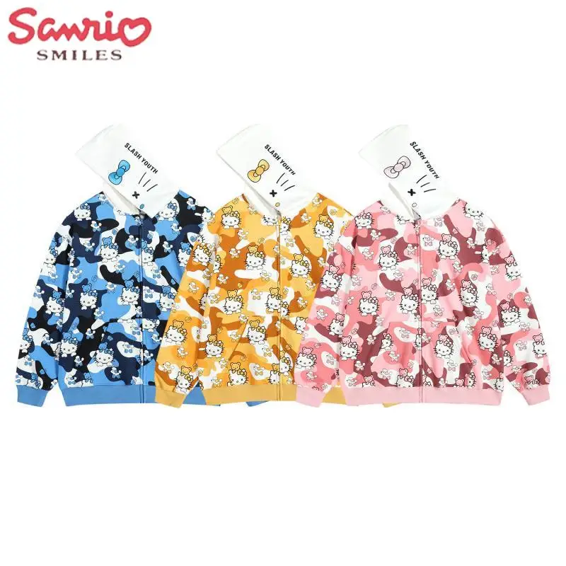 

Sanrios Hello Kitty Couple Camouflage Hooded Sweatshirt Cartoon Loose Zip Jacket Cute Outdoor Leisure Hoodies Anime Girl Gift