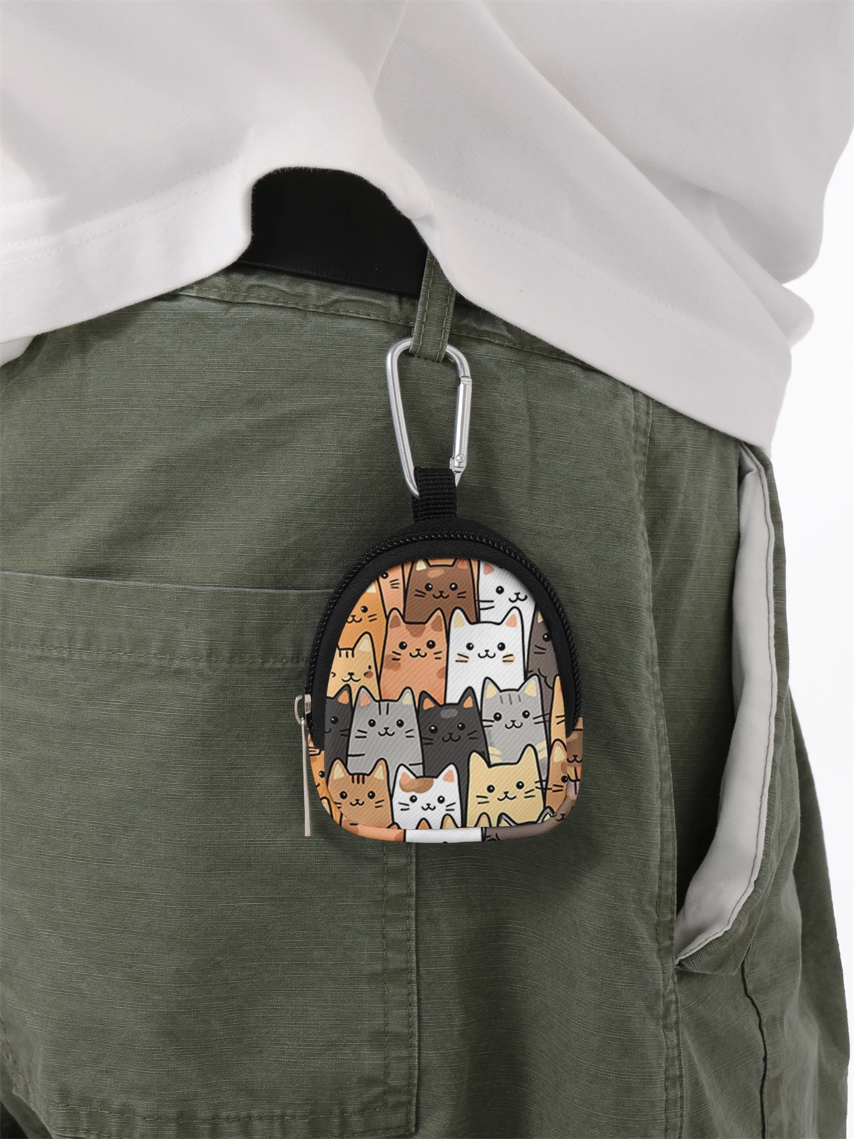 Cat pattern printed mini wallet, zipper change bag with hook clip, headphone key bag, suitable for men and women