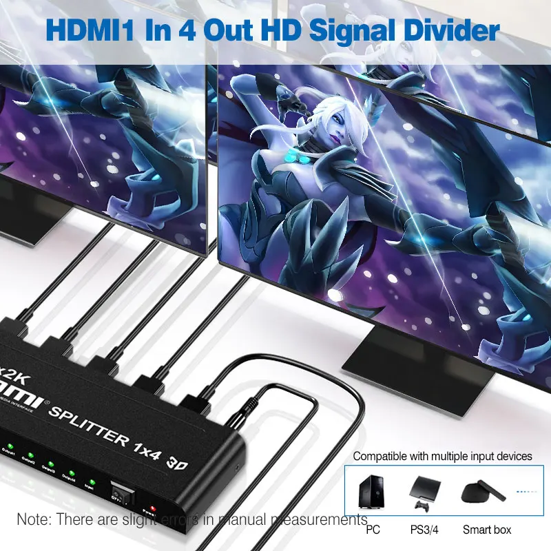 HDMI1 in 4 Output Signal Distributor distributes 1 HDMI Input to 4 HDMI Output Same time Input Support Computer/PS3/Hd screen
