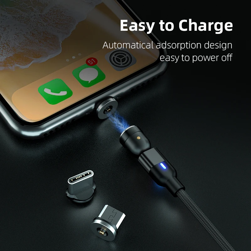 Câble magnétique USB C IPone rotatif à 540 ° Câble Micro USB pour iPhone 14 13 X 7 8s Pro Max Samung S20 21 Xiaomi Huawei Chargeur Cordon_voghion.com