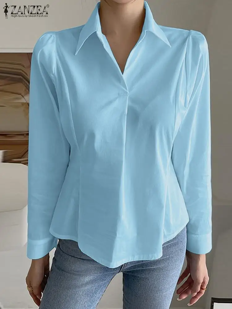 

ZANZEA Elegant Solid Waisted Blouse Turn Down Collar Blusas Women Long Sleeve Shirt Casual Loose 2023 Autumn Office Lady Tops