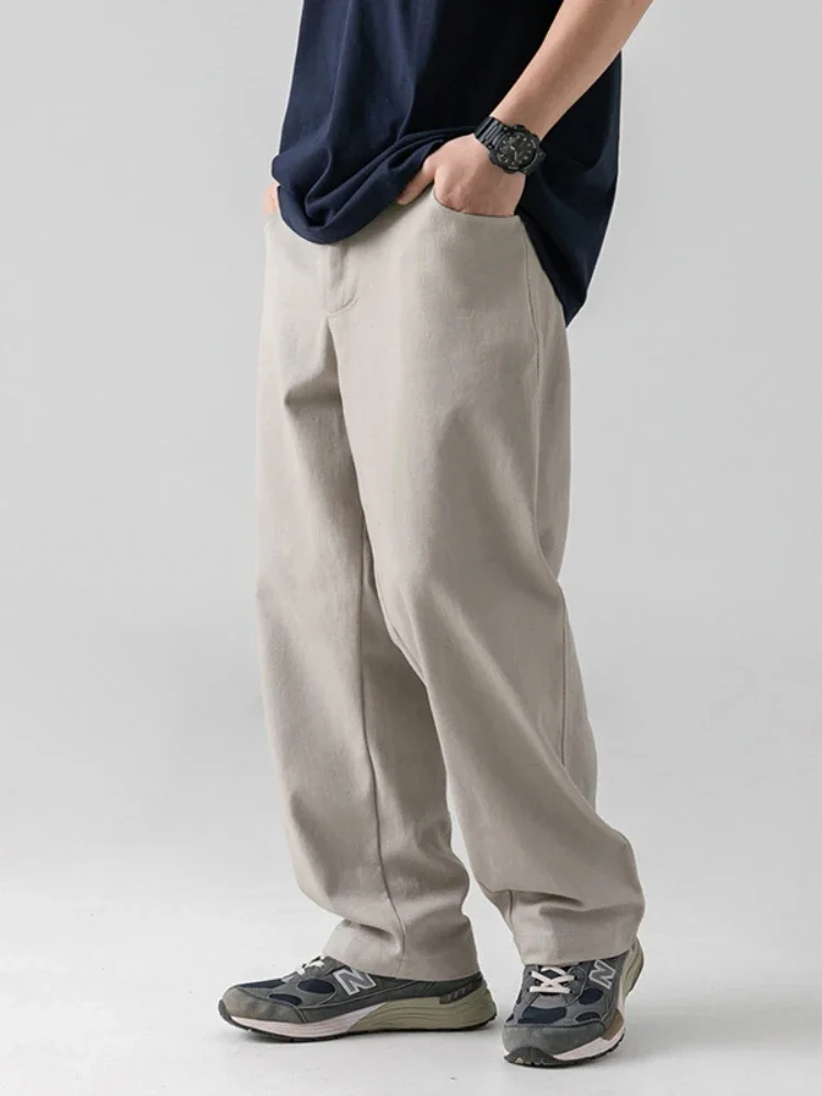 New Cargo Pants Men 100% Cotton Loose Japanese Streetwear Fashion Wide Leg Pants Solid Color Basic Straight Leg Casual Pants