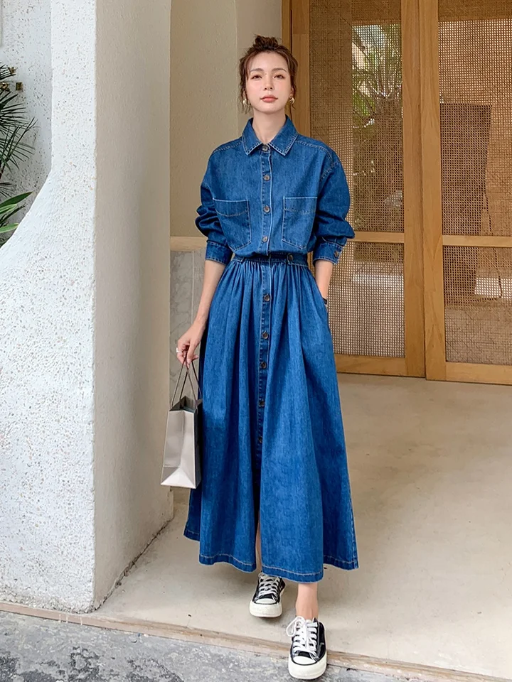 Vintage Denim Dress 2023 Spring Autumn Women Elegant Long Sleeve Lapel Slim  Casual French Style Shirt Maxi Dresses Girl 2821