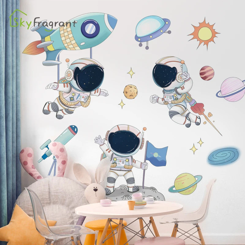 Cartoon Space Astronaut Pilot Sticker Kids Room Decor Kindergarten Classroom Background Wall Stickers Home Decor Self Adhesive