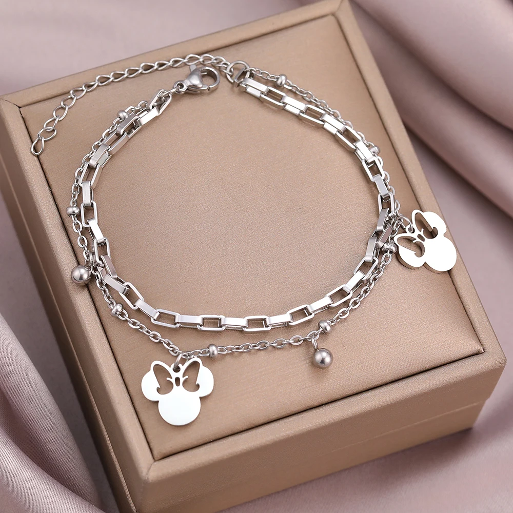 Stainless Steel Bracelets Chain Bracelet Stainless Steel Jewelry Stainless Steel Bracelets Cute Cartoon Anime Bow Mouse Pendant Bells Beads Layer Chain Bracelet For Women Jewelry Party Gifts